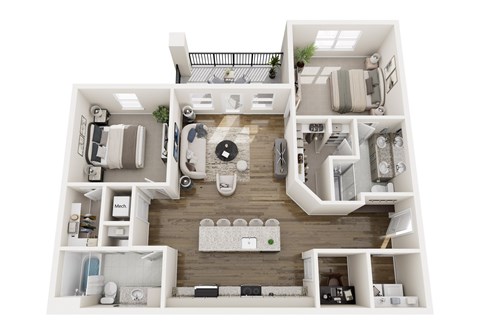Floor plan for 2 beds, 2 baths, 1227 sqft